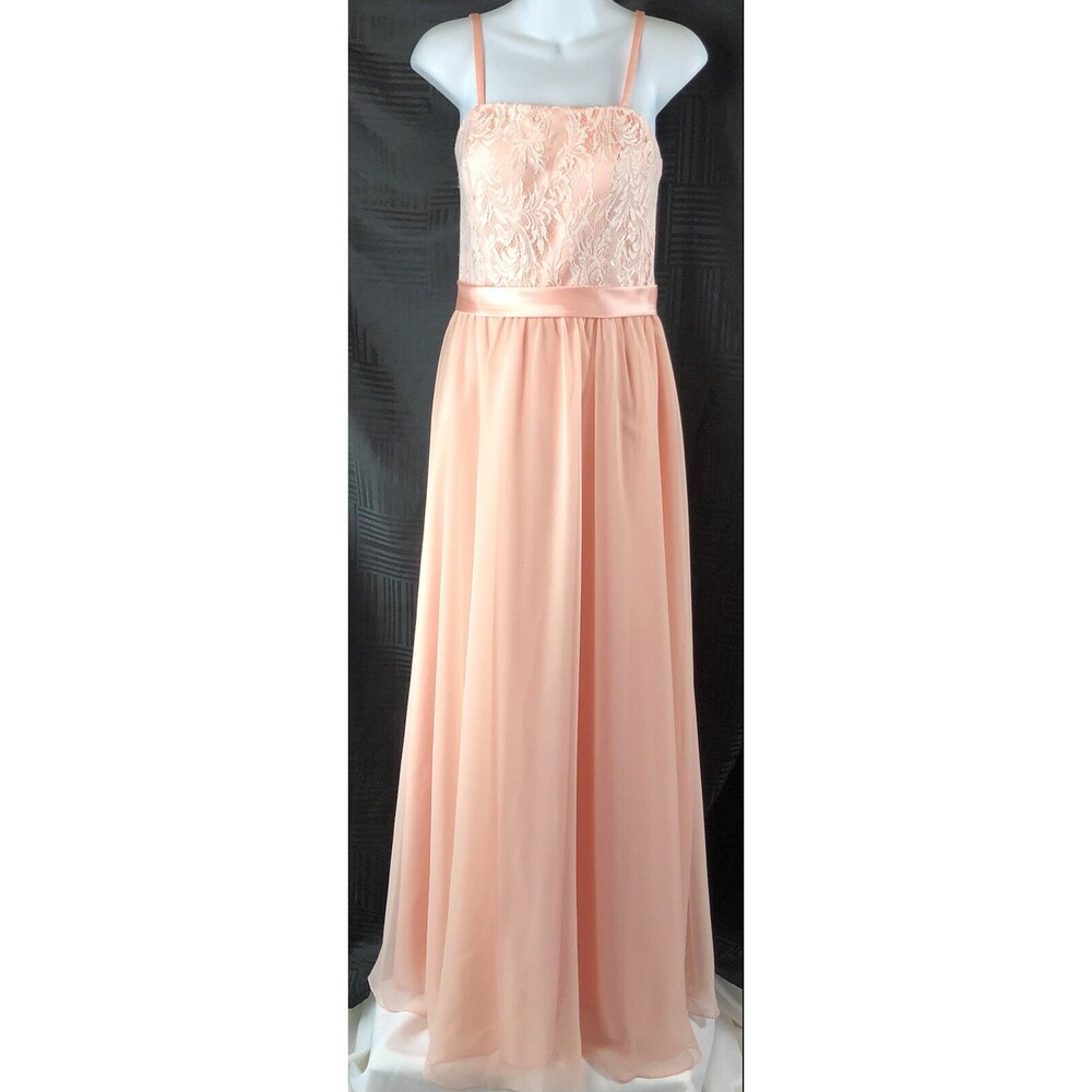 Halter Chiffon Dress Gown 12 Peach Lace Flowy Strappy Fairy Wedding Formal Prom